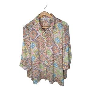 Rose & Olive Top Size 3X Patchwork Tile Print Boho Button Up 3/4 Sleeves